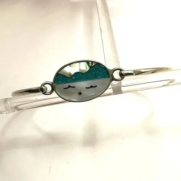 Alpaca Bracelet hooked Silver tone Beach Cloud Face Vintage Mother of Pearl - Picture 10 of 11